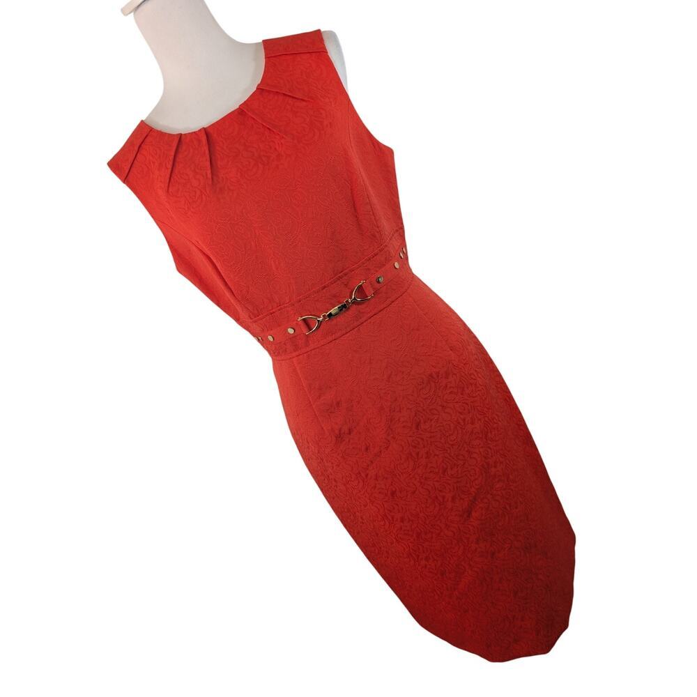 NWOT! TAHARI! FLAME RED TAPESTRY TEXTURED, GOLD METAL WAIST DETAIL DRESS! SZ 12